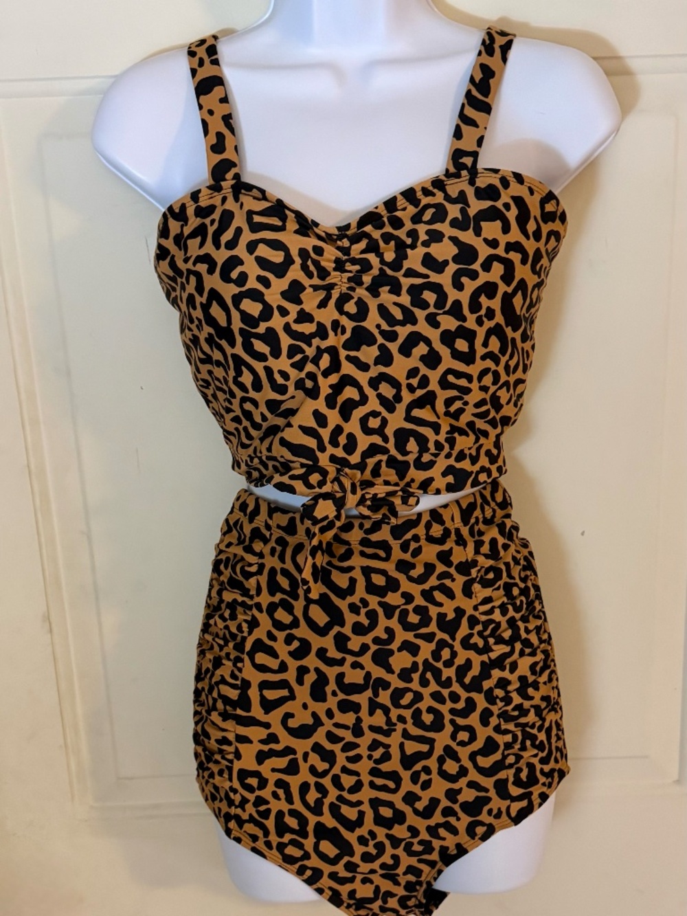 Leopard Print High-Waist Tankini Swim Set - Brown/Black